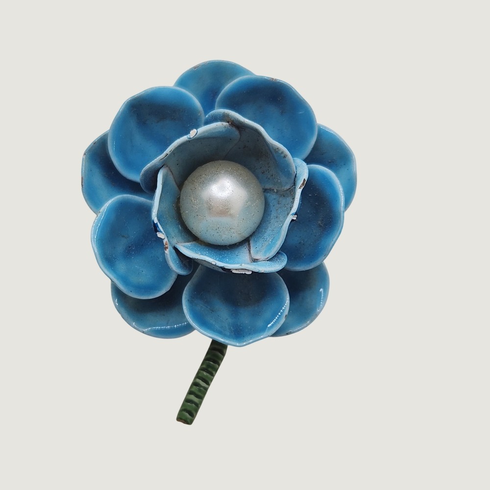 Vintage Blue Enamel Flower Brooch Mod Pop Art 60s Flower Power Faux Pearl Pin